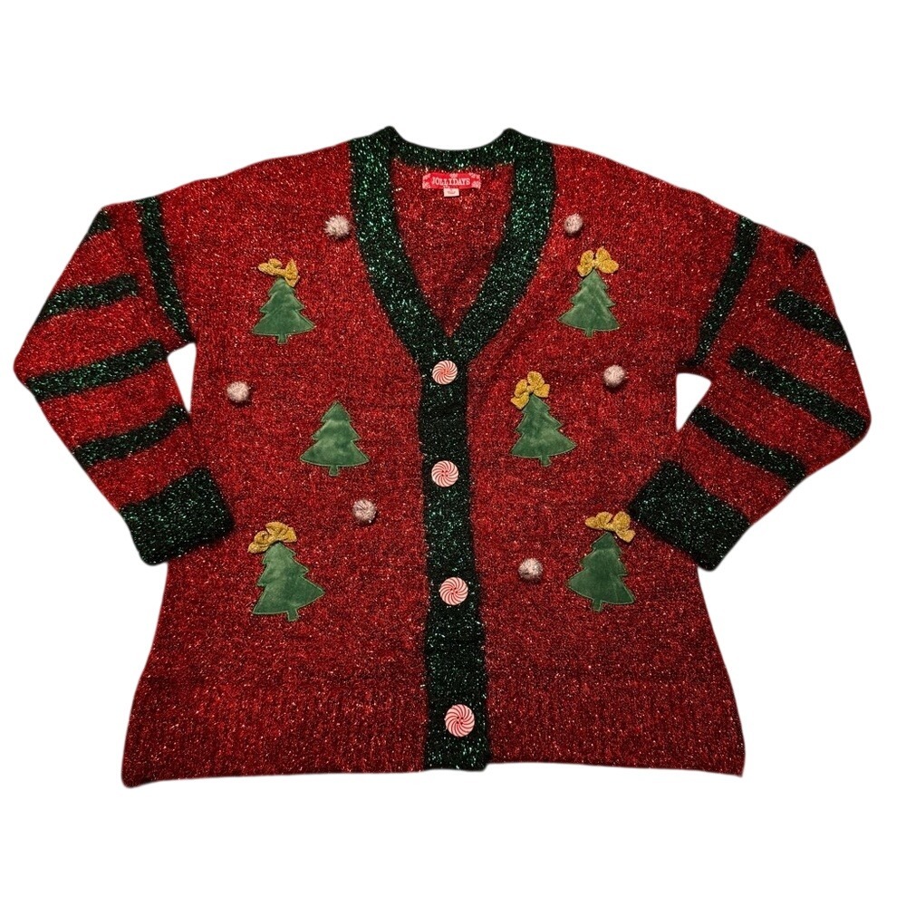 Jollidays Womens Red Green Tinsel Holiday Cardigan Christmas Tree Peppermint S
